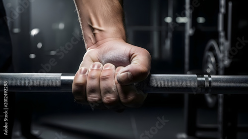 Strong man hand gripping a metal barbell for weightlifting