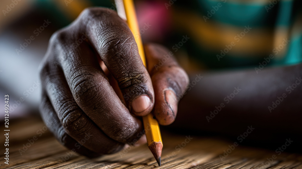 Obraz premium A child holds a yellow pencil with a firm grip while writing on a wooden table. Efforts are directed toward learning new skills in a classroom setting