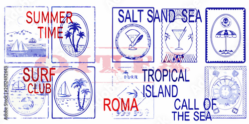 Tableau sur toile Vintage travel postmarks and stamps with tropical and nautical themes