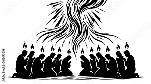 Photos Black and white pentecost silhouette of apostles praying with holy spirit fire a