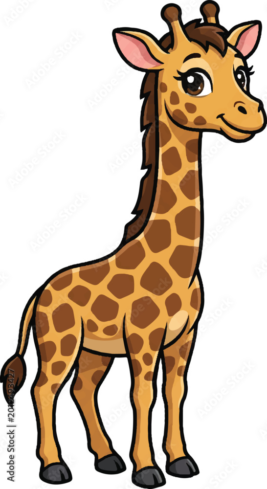 Obraz premium A charming cartoon giraffe character stands tall with a friendly smile, showcasing its unique spotted pattern and expressive eyes, ideal for delightful children's content and educational animal themes