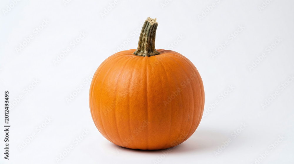 Obraz premium A single bright orange pumpkin with a textured green stem sits perfectly centered on a white background
