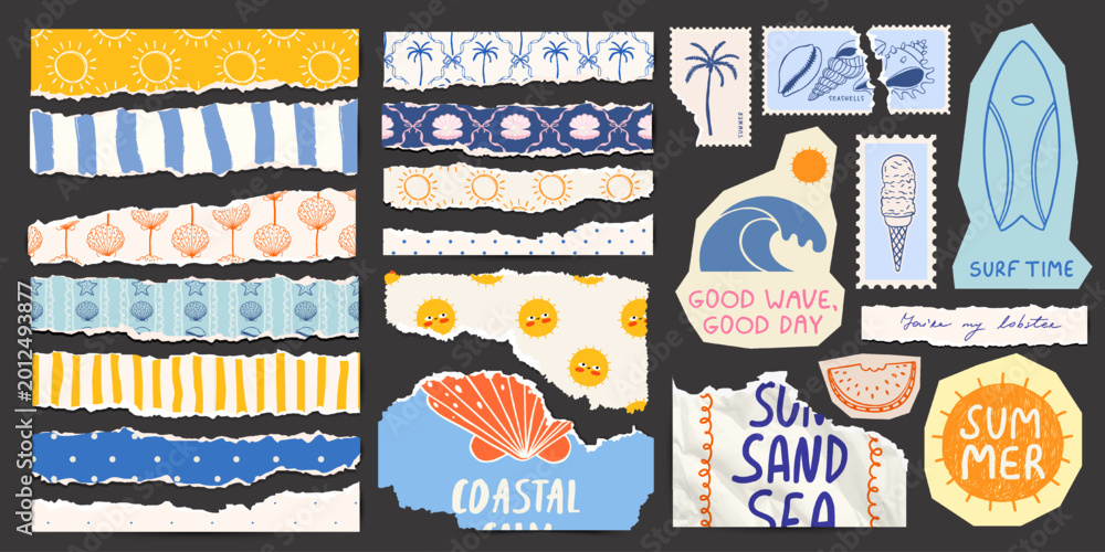Fototapeta premium Summer scrapbook elements set with torn paper strips, vintage beach stickers, seashells, sun, palm, surfboard. Coastal collage kit for scrapbooking, cards, posters, social media design