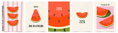 Obraz na płótnie Summer watermelon poster set with hand drawn fruit illustrations