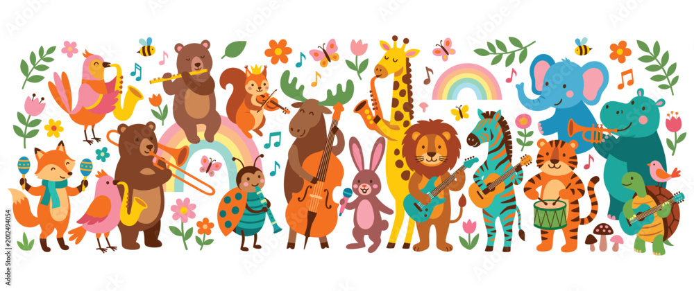 Fototapeta premium Set of cute wild animals performing music with colorful musical instruments.