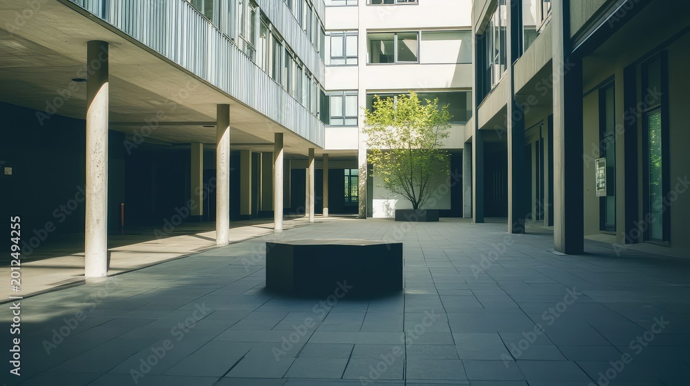 Fototapeta premium Urban building architecture creating a clean courtyard space with concrete columns, long shadows, a small tree, and geometric patterns on the ground under sunlight