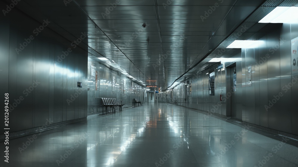 Fototapeta premium Empty underground corridor with reflective floor and overhead lights, minimalist modern subway station evoking solitude, transit, direction and futuristic urban travel