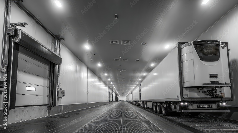Fototapeta premium Refrigerator trucks preparing for loading and unloading operations within a bright, long industrial warehouse passage, highlighting efficient cold chain logistics and transport infrastructure