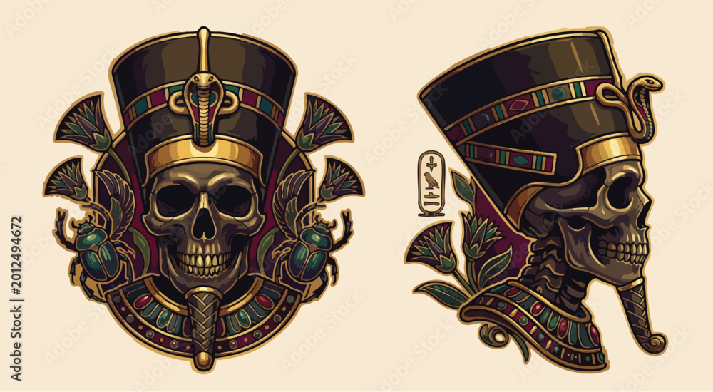 Fototapeta premium Ancient Egyptian Pharaoh Skull Illustrations with Ornate Headdress