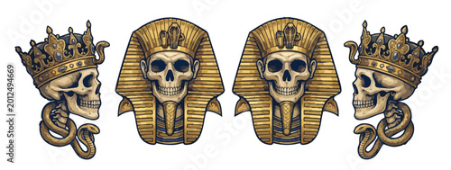 Cuadro en lienzo Vintage skulls with crowns and pharaoh headdresses in symmetrical design