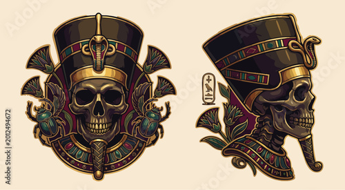 Foto Ancient Egyptian Pharaoh Skull Illustrations with Ornate Headdress