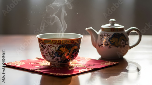Hot tea in a traditional ceramic cup and teapot