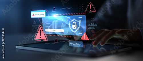 Cybersecurity Alert with Secure Login Screen and Digital Threat Warnings.
