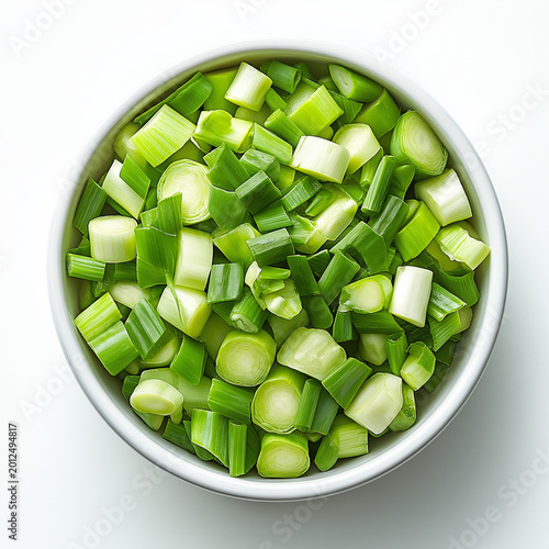 bowl of Leek slices, top view, white background