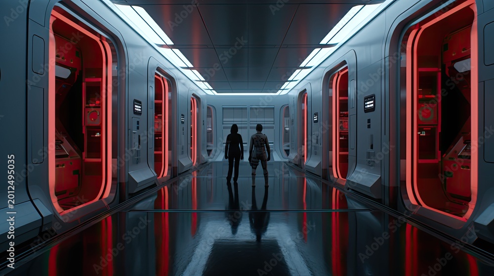 Fototapeta premium Two characters are standing in a sleek, dimly lit futuristic spaceship corridor, looking towards sealed red lit modules creating a powerful sense of exploration and advanced technology