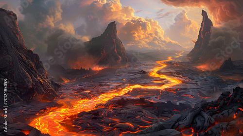 Molten lava flows through a rugged volcanic landscape with mountains.