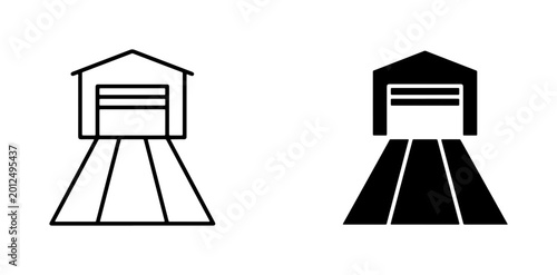 Garage Icon Set, Simple Line Art and Solid Silhouette Building Symbols, Driveway Entrance, Industrial Storage, Residential Structure