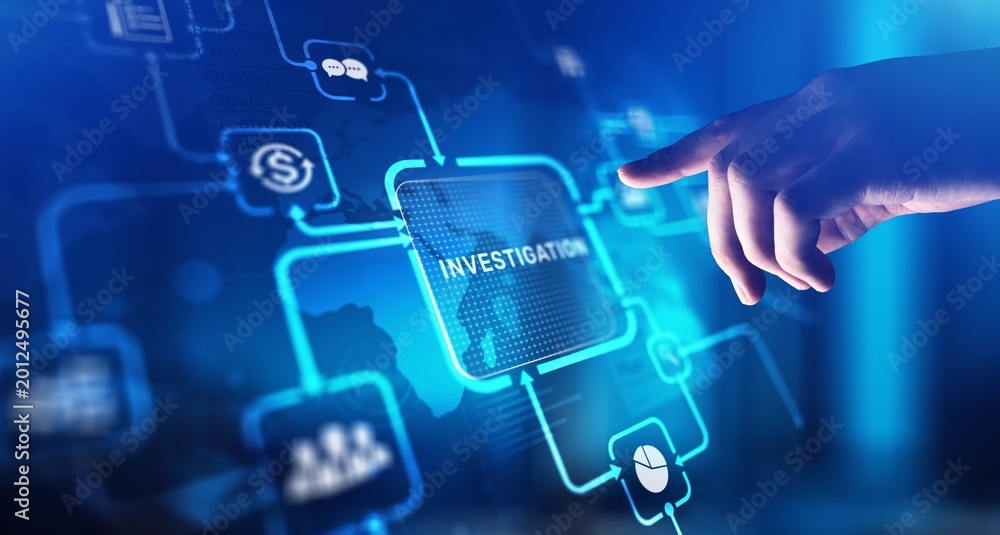 Naklejka premium Investigation Analyzing and Uncovering Facts, projection on a virtual screen, Business and Technology Concept.