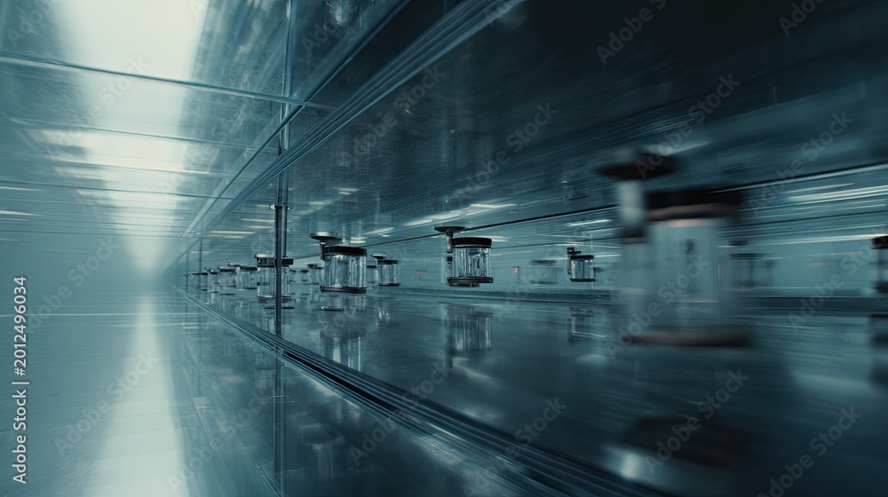 Fototapeta premium Streamlined modular containers rapidly moving through a sterile, reflective, high tech environment, illustrating advanced logistics and automated delivery systems in a future setting