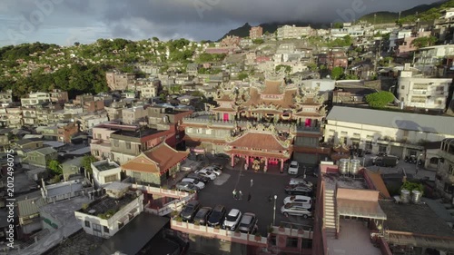 Aerial view of Shengming Palace taoist temple after prayer in a famous Jiufen village on a mountain in Taiwan on the east coast. Very popular tourist destination