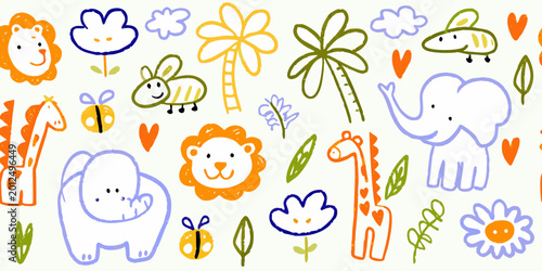 Photography child s drawing of safari animals and flowers whimsical doodle style
