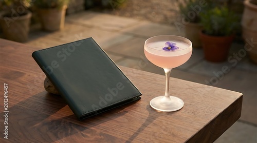 Pale pink cocktail with violet flower garnish beside closed dark menu on outdoor wooden table