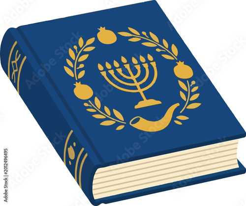 Bild auf Leinwand Blue book with golden menorah shofar pomegranate olive branch wreath a symbol of