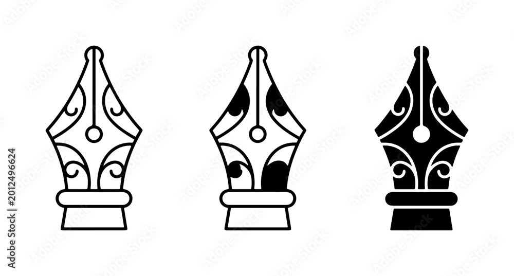 Fototapeta premium Elegant Fountain Pen Nib Icons, Classic Writing Tools, Vintage Calligraphy Set, Black and White Vector Graphics for Design