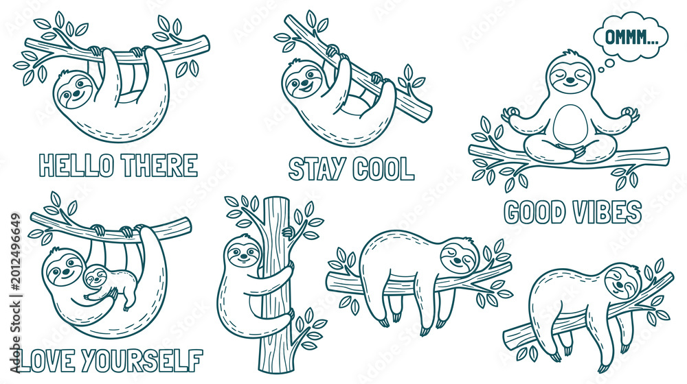 Fototapeta premium Charming sloths in various poses with inspirational messages on branches.