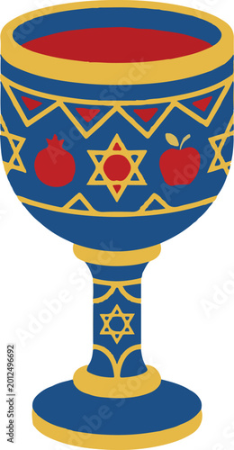 Foto Ornate blue goblet with star of david pomegranate apple symbols filled with red
