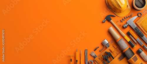 construction tools on orange background concept