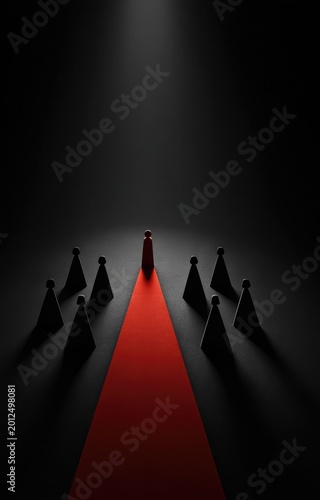 Spotlight on a single red pawn, leading a dark, shadowy formation