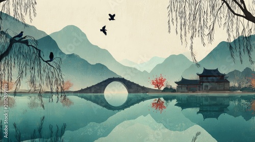 Serene East Asian landscape with arched bridge, pagoda, and reflections
