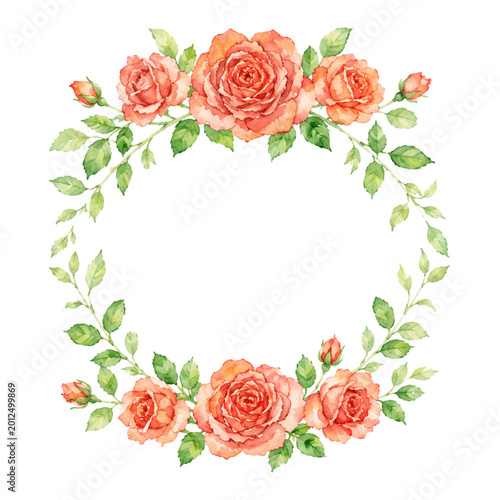 Watercolor Pink Rose Floral Wreath Round Frame Isolated on White Background