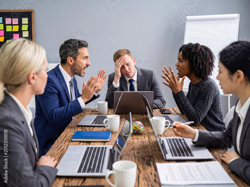 Fotografie Diverse business team in a corporate meeting actively engaged in a heated discussion and debate photograph