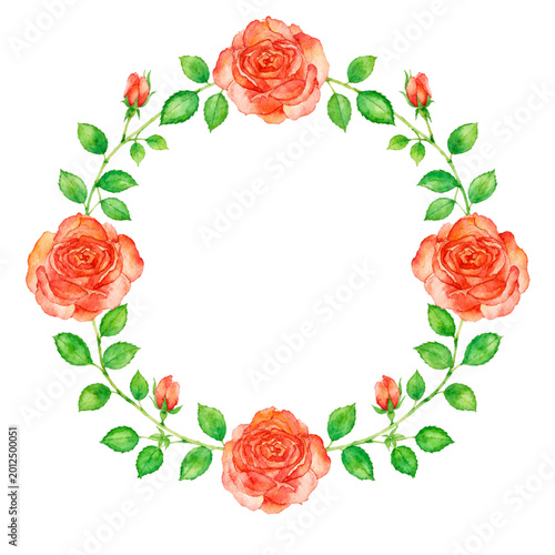 Watercolor Pink Rose Floral Wreath Round Frame Isolated on White Background