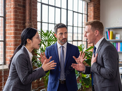 Photos Photograph showing a business manager mediating an intense workplace argument between two diverse colleagues