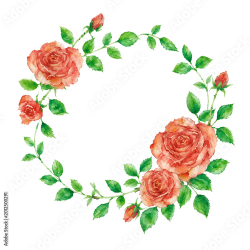 Watercolor Pink Rose Floral Wreath Round Frame Isolated on White Background