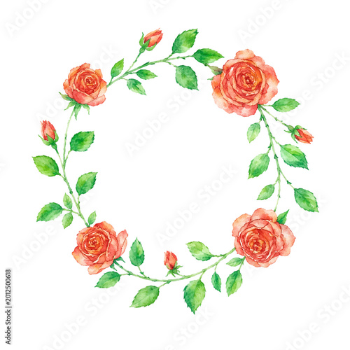 Watercolor Pink Rose Floral Wreath Round Frame Isolated on White Background