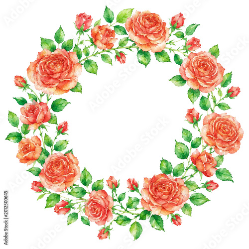 Watercolor Pink Rose Floral Wreath Round Frame Isolated on White Background