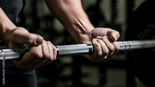 Strong hands holding a heavy metal barbell for exercise