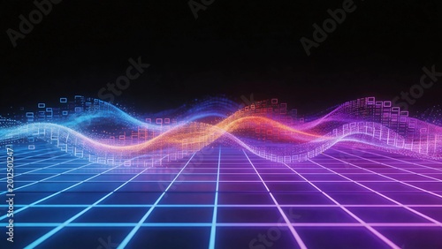 Blue and purple neon grids spread across digital space, flowing light leaping with cutting-edge technology and a futuristic feel.