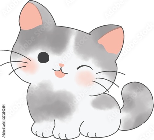 Cute Gray Kitten Waving Cartoon Illustration