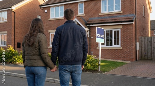 first home buyer loan stress concept. Couple holding hands looking at a house with a for sale sign outside.