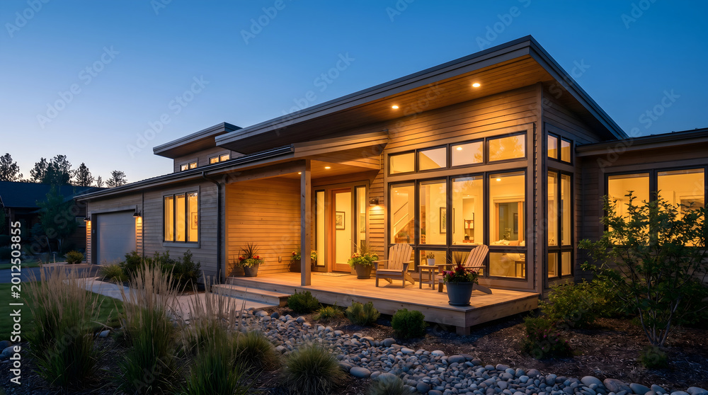 Fototapeta premium Modern luxury house exterior with warm lighting on wooden porch during blue hour dusk, low angle architectural photography shot