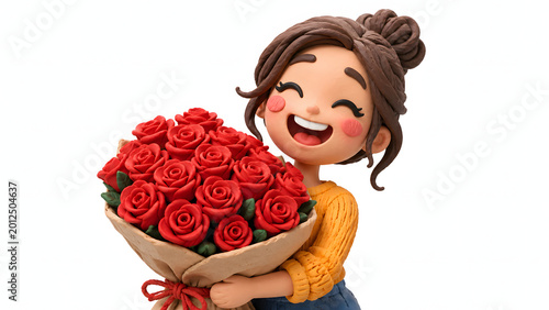 Joyful woman character with red roses bouquet in 3D claymation style, handcrafted plasticine illustration of happiness and love on white background