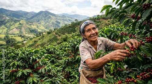 Elderly woman picking red coffee cherries from branch in lush plantation. Traditional farmer harvesting crop in tropical field with mountains. Sustainable agriculture and rural lifestyle concept.