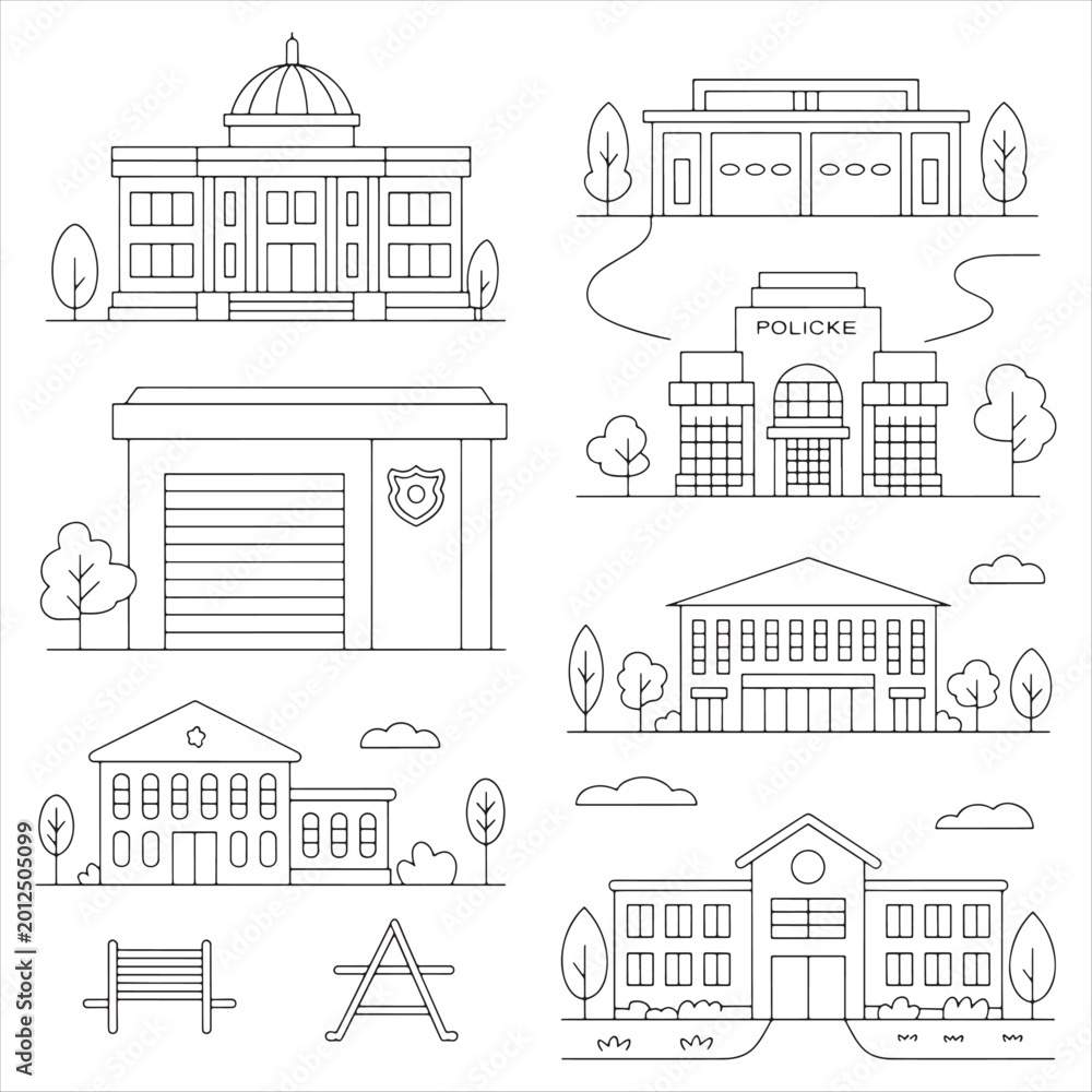 Fototapeta premium Architectural sketches of historical and municipal buildings with fences and ladders