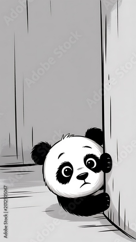 a digital illustration or stock graphic of a cute, cartoon panda peeking from behind a vertical surface.