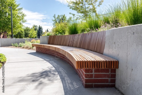 Curved wooden bench with brick and concrete base in sunny outdoor setting